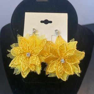 Yellow fabric flower and rhinestone dangle post pierced earrings Y2K Boho new